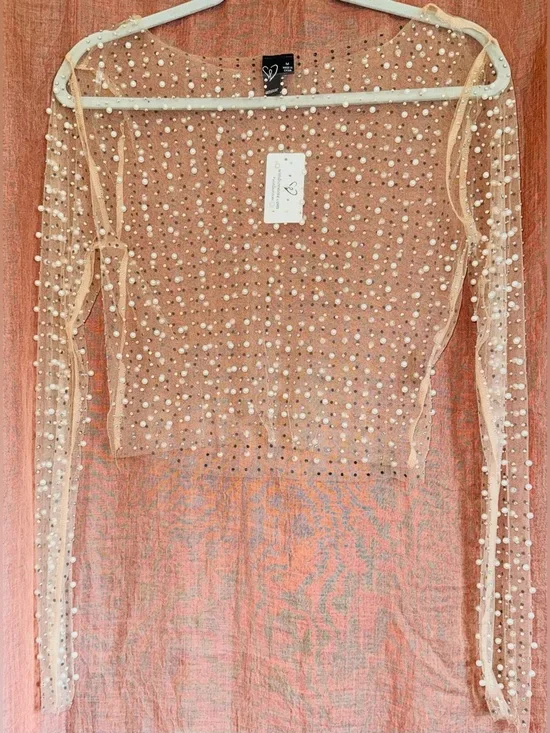 NWT Windsor Beautifully Beaded Mesh Crop Top in Natural (Nude) size Medium - Picture 5 of 11
